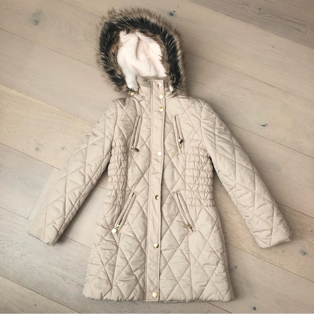 Copper Key Puffer Jacket Girls 7/8 beige faux fur hoodie winter parka coat